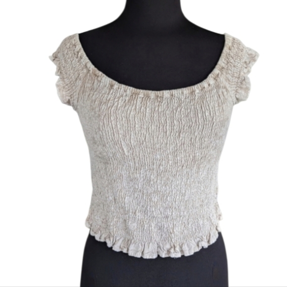 Vintage Tops - Vintage Hippie Crop Top Smocked Neutral Free Size Tee Beach Coastal Cowgirl